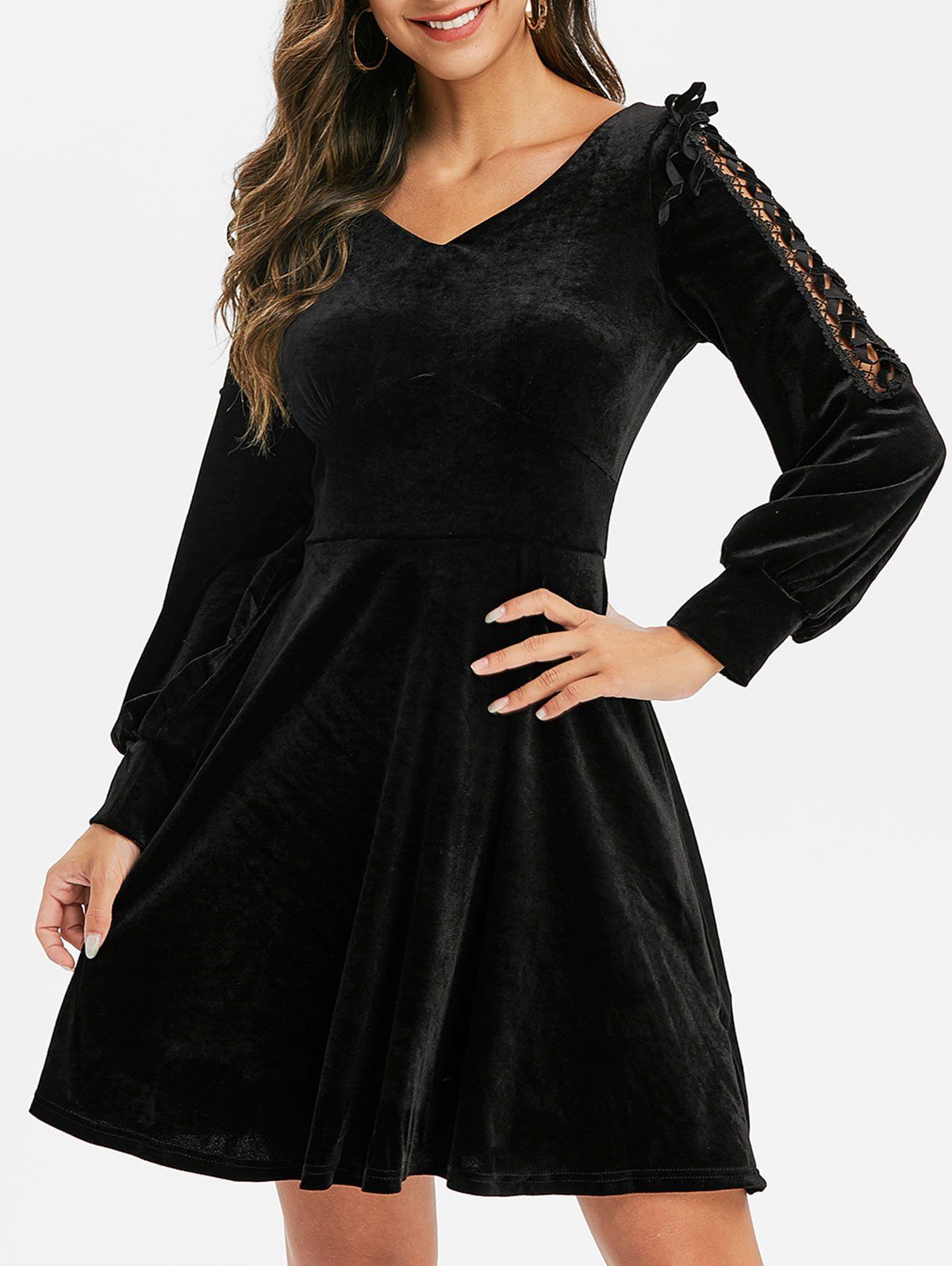 

Velvet Lace Up Double V Dress, Black