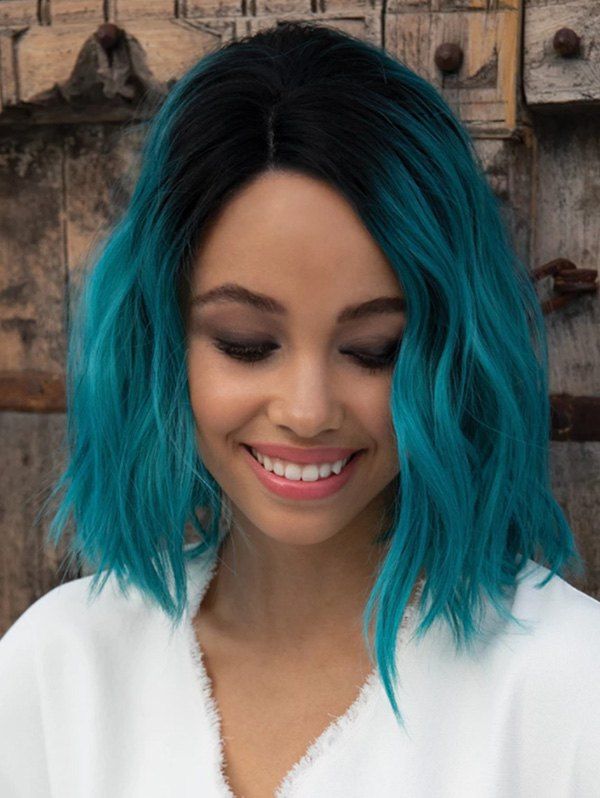 

Side Part Medium Wavy Synthetic Ombre Wig, Macaw blue green