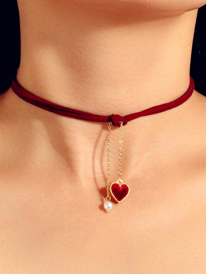 

Heart Faux Pearl Rope Pendant Choker Necklace, Red wine