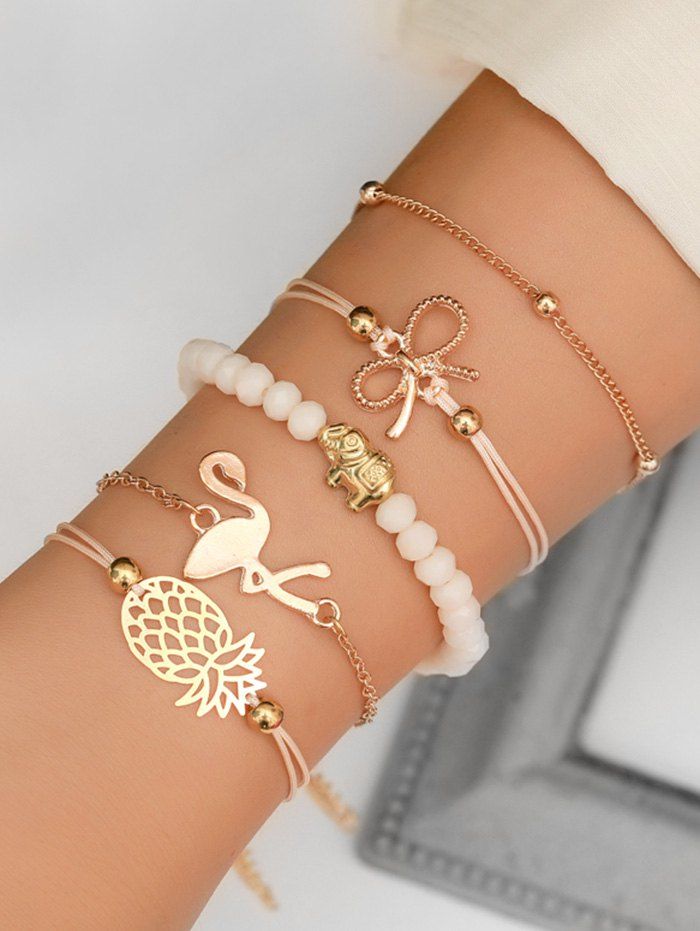 

5Pcs Pineapple Flamingo Elephant Bracelet Set, Gold