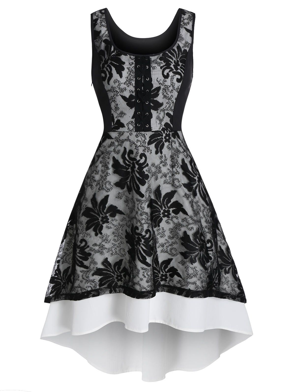 

Lace U Neck Lace-up High Low Dress, Multi-a