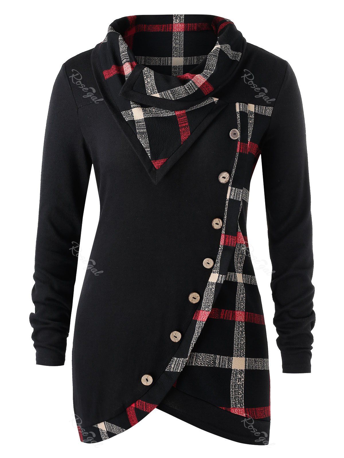 

Plus Size Skew Button Plaid Spliced Tulip Front T-shirt, Multi-i