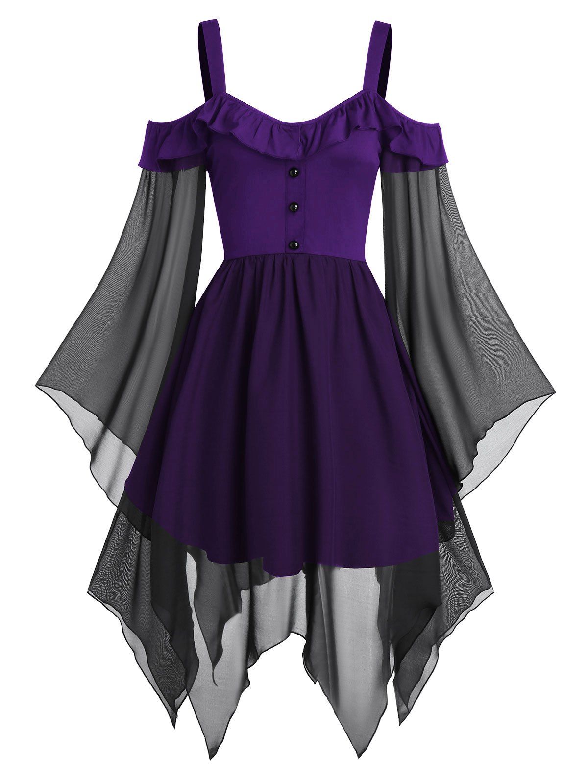 

Cold Shoulder Butterfly Sleeve Lace-up Handkerchief Gothic Chiffon Dress, Purple iris