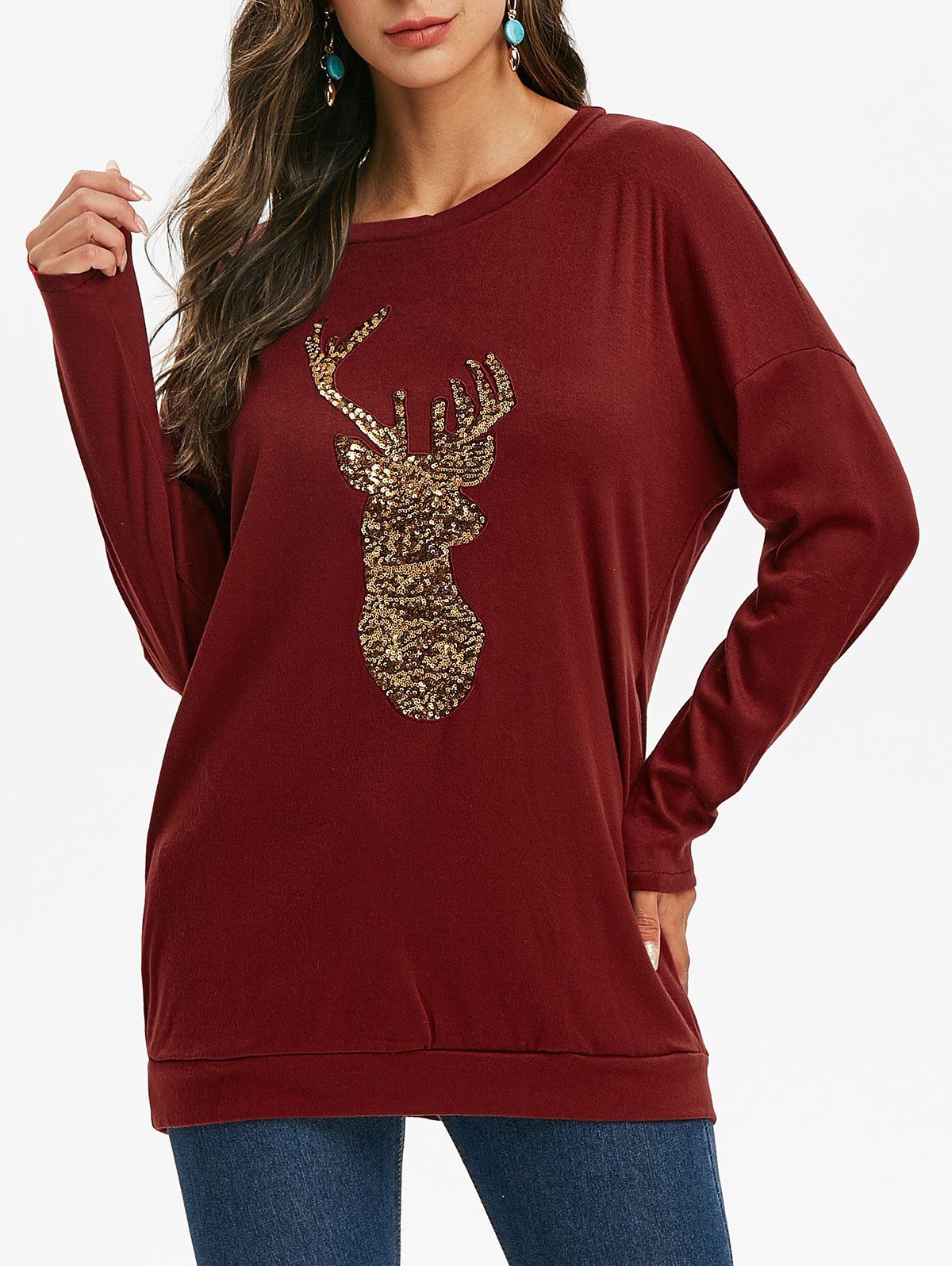 

Sequined Reindeer Christmas Sweatshirt with Pockets, Red wine