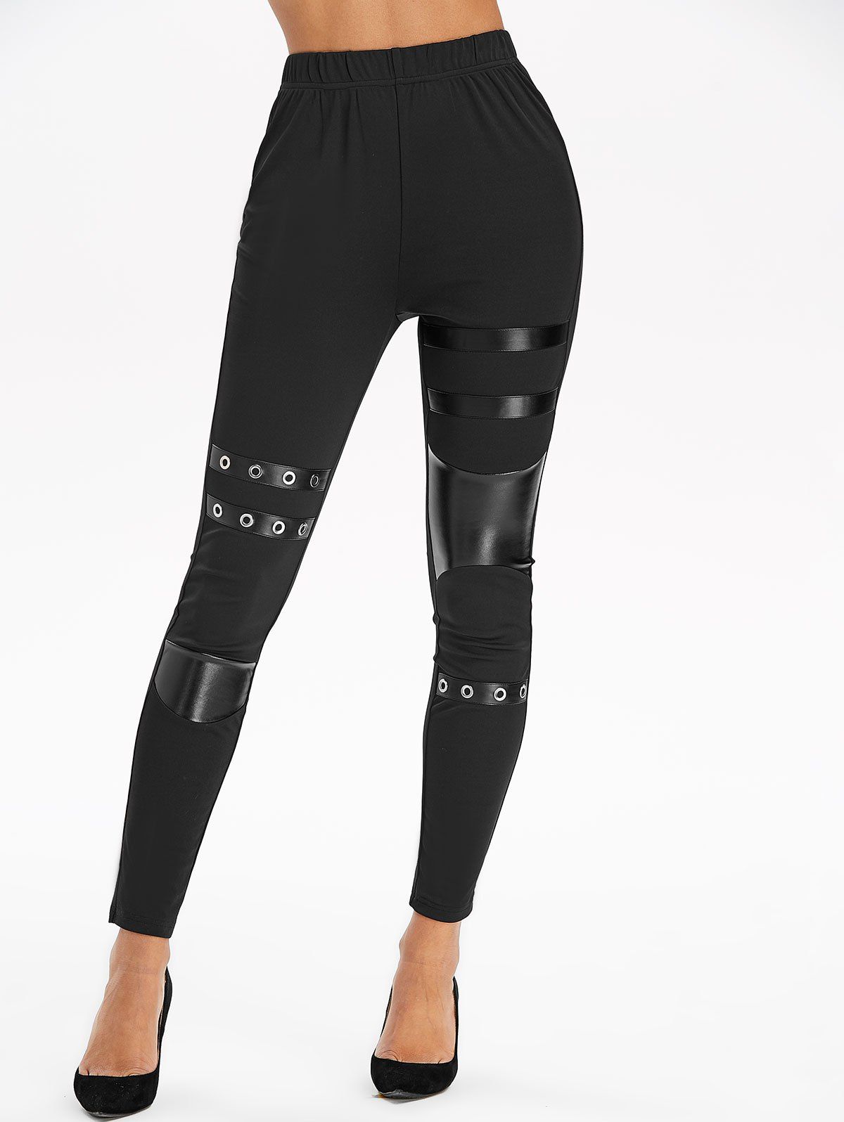 

High Waist Grommets PU Leather Insert Punk Leggings, Black
