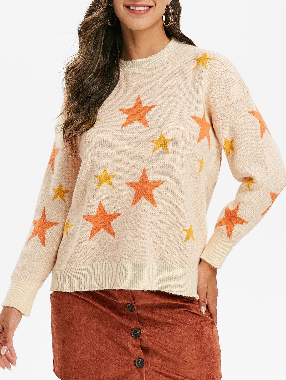 

Stars Graphic Crew Neck Sweater, Apricot