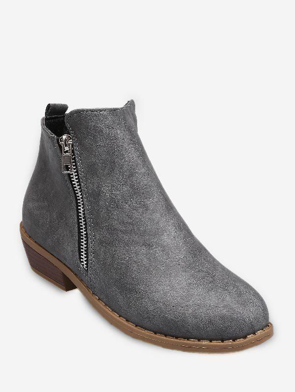 

PU Leather Stacked Low Heel Ankle Boots, Gray