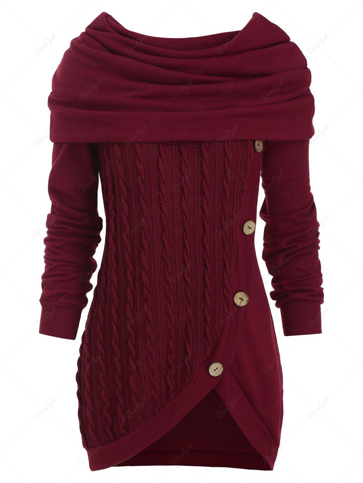 Trendy Cowl Neck Cable Knit Tunic Knitwear  