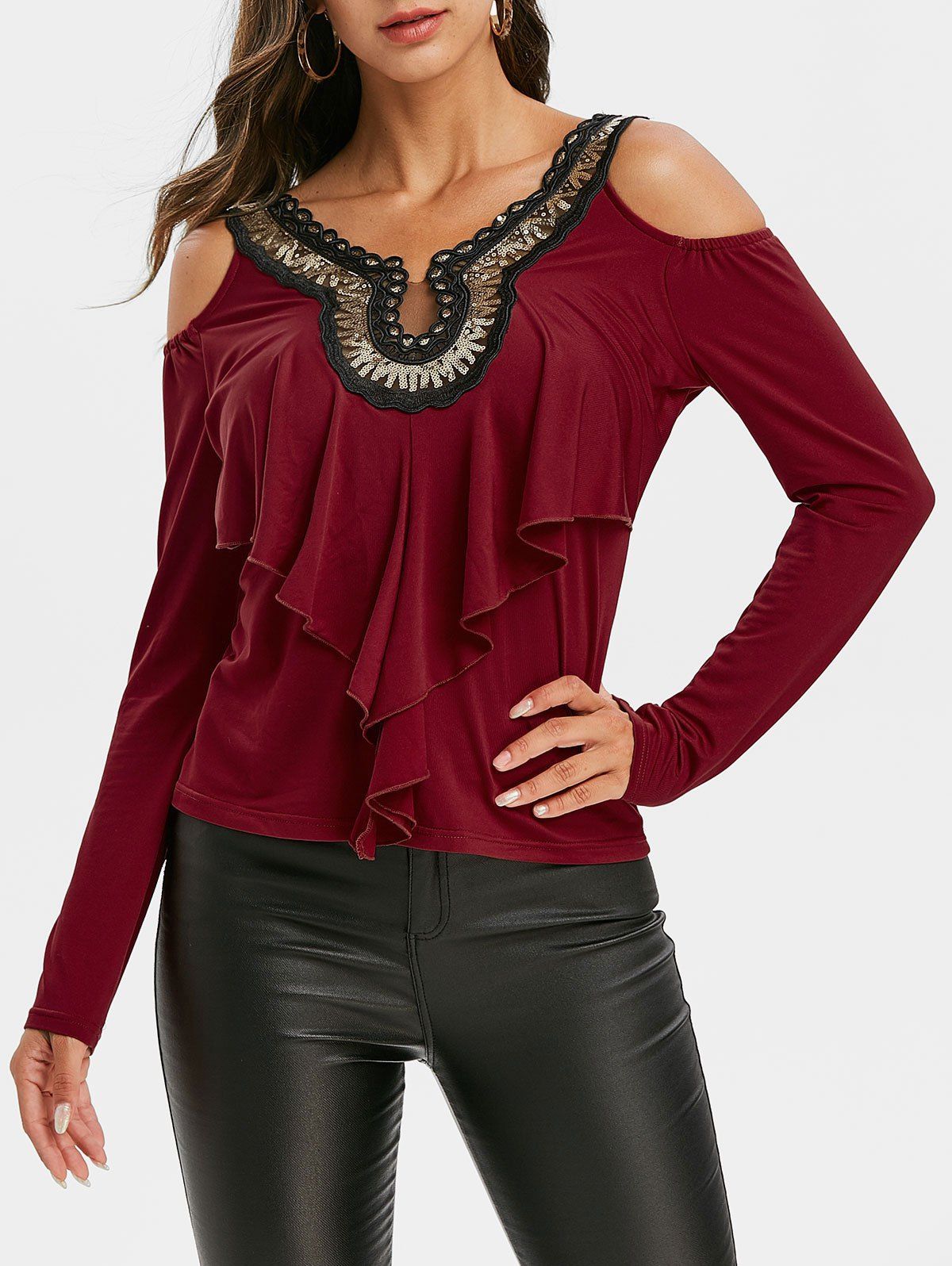 

Sequined Ruffles Cold Shoulder Long Sleeves Tee, Red wine