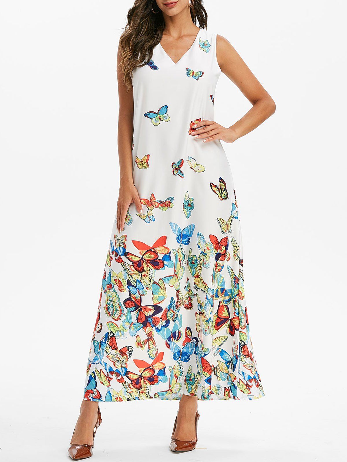 

Butterfly Print Sleeveless Maxi A Line Dress, White