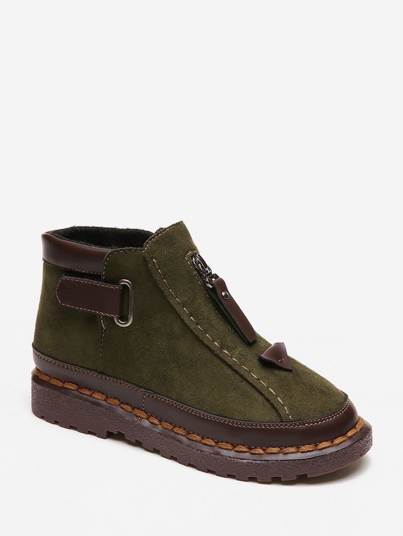 

Front Zip Hook Loop Flat Ankle Boots, Army green