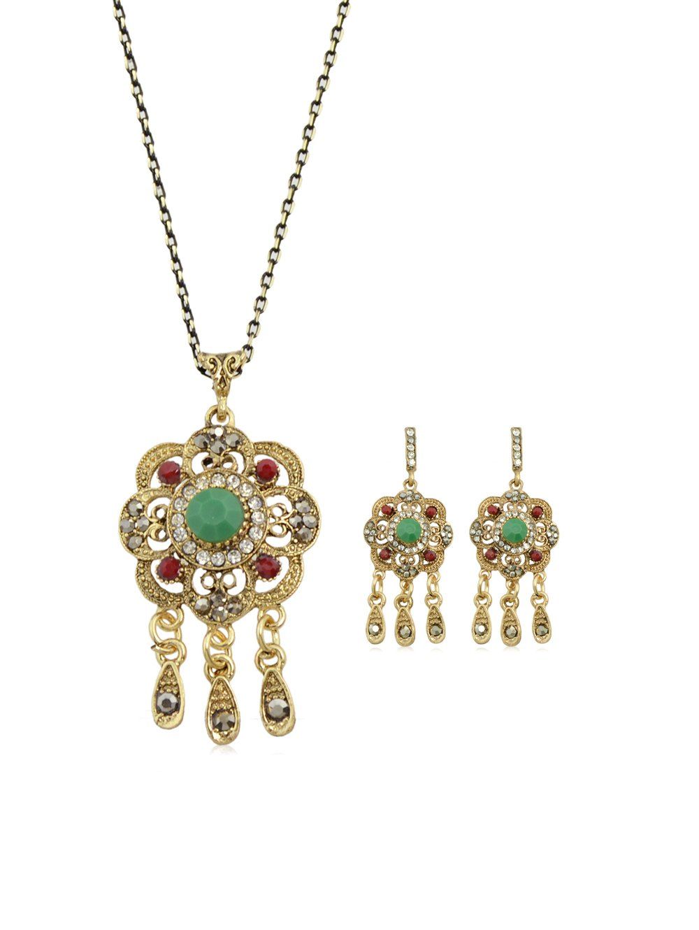 

Retro Faux Gemstone Pendant Necklace And Earrings Set, Green
