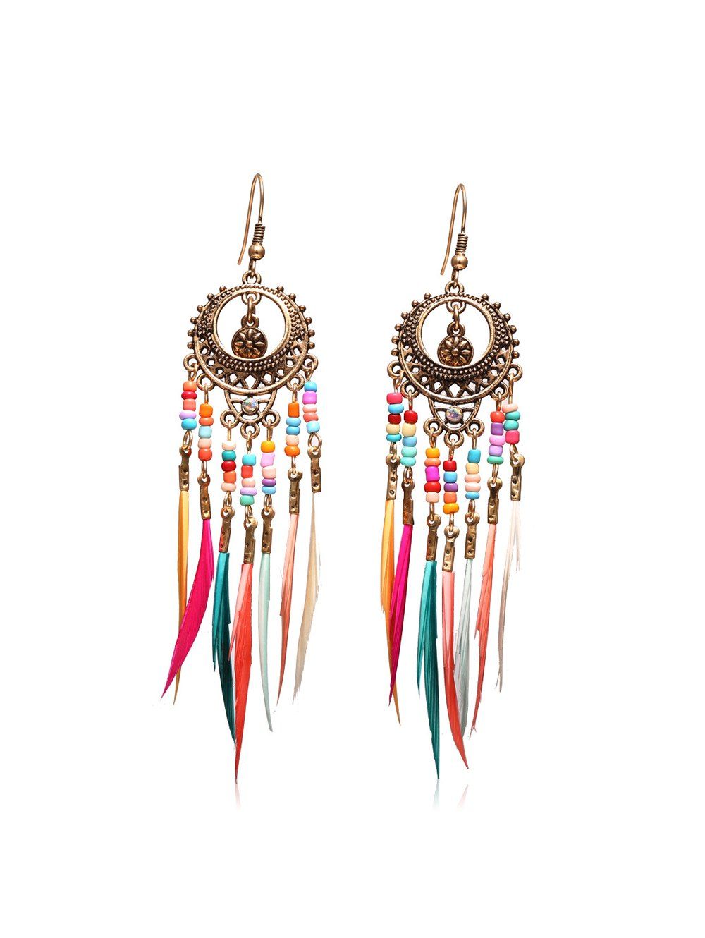 

Ethnic Beaded Feather Long Drop Earrings, Gold