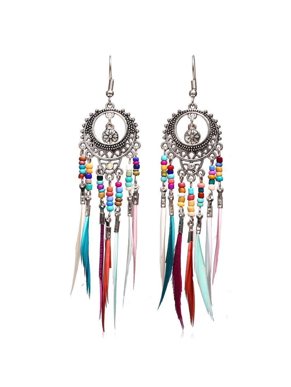 

Ethnic Beaded Feather Long Drop Earrings, Silver