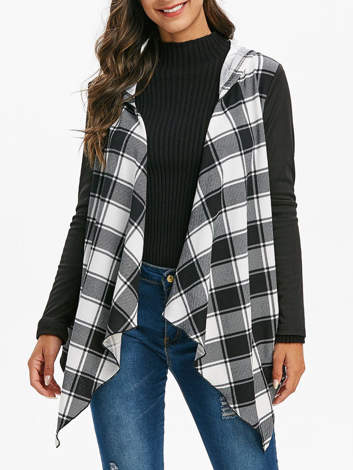 

Asymmetric Hooded Plaid Longline Cardigan, Multi-a