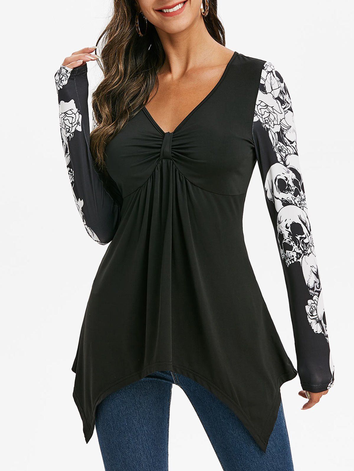 

Front Knot Floral Skull Print Halloween Hanky T Shirt, Black