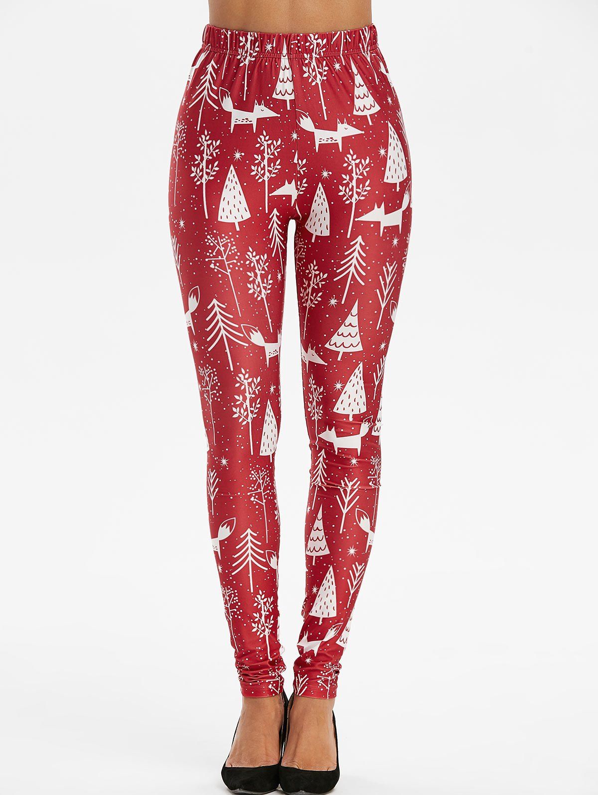 

Snowflake Tree Print Christmas Leggings, Red