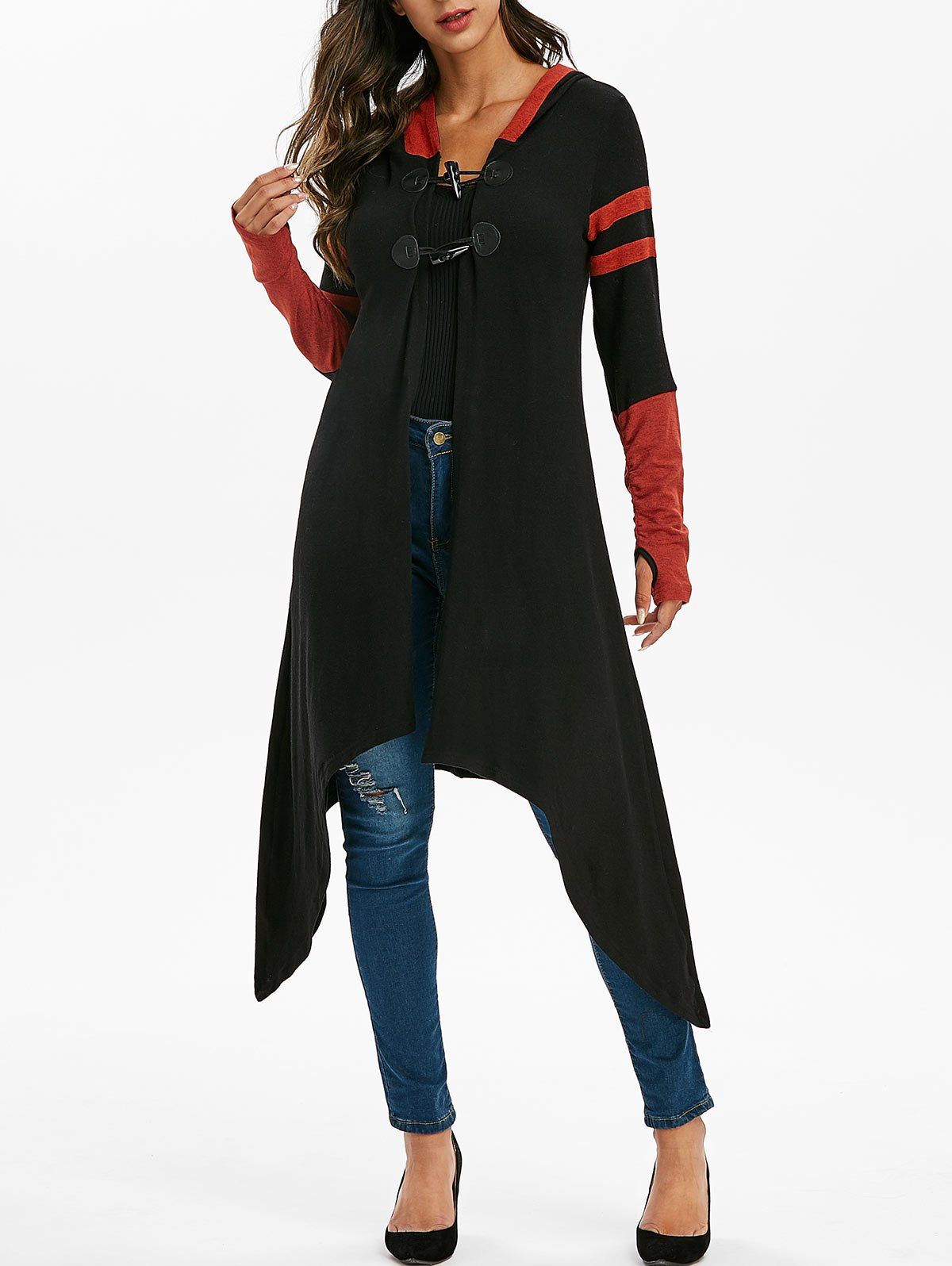 

Contrast Striped Horn Button Hooded Cardigan, Black