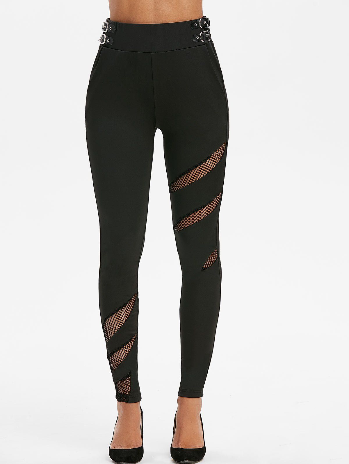 

High Waist Buckles Fishnet Insert Punk Leggings, Black