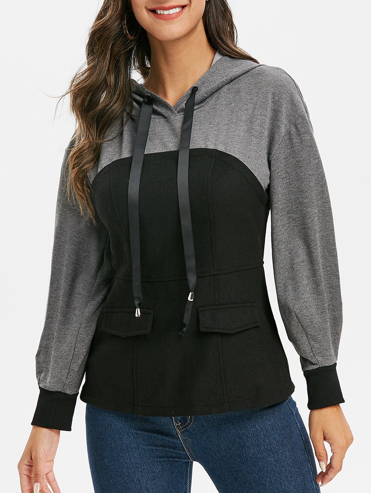 

Drawstring Colorblock Puff Sleeve Hoodie, Black