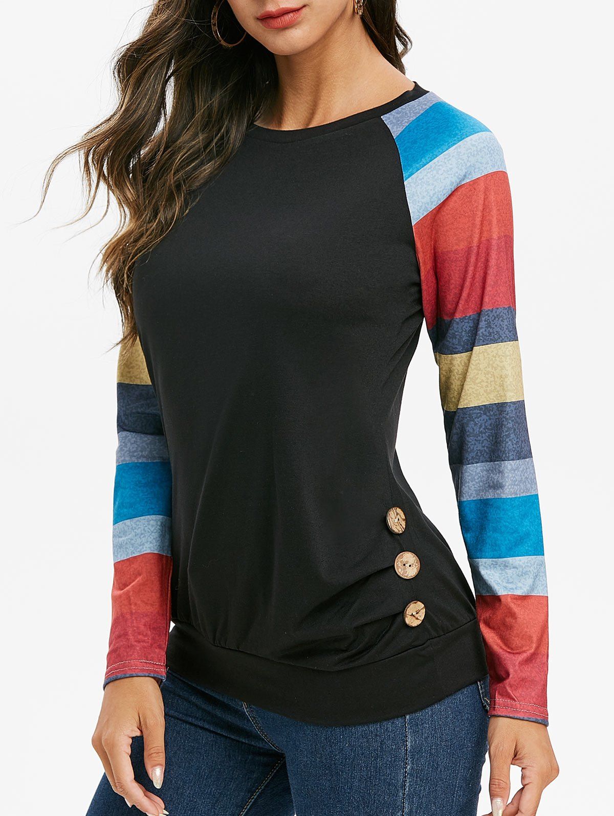 

Striped Raglan Sleeve Mock Button Longline Sweatshirt, Black