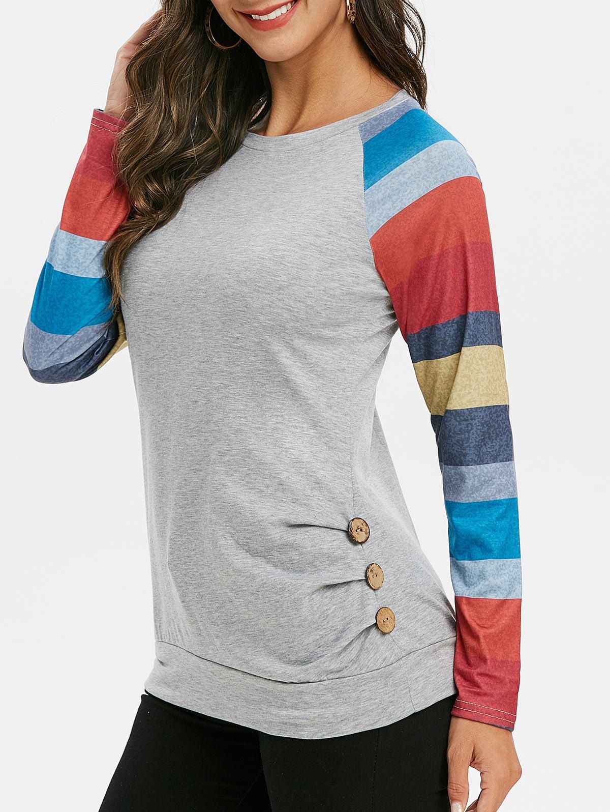 

Striped Raglan Sleeve Mock Button Longline Sweatshirt, Gray