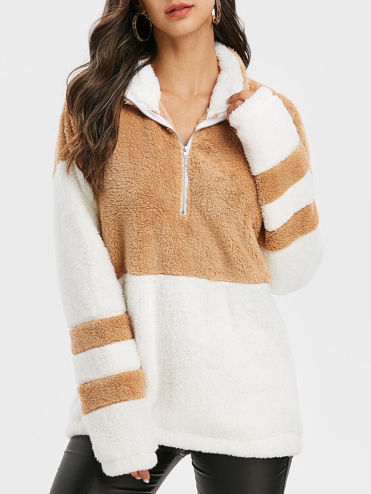 

Half Zip Faux Fur Drop Shoulder Longline Sweatshirt, Camel brown