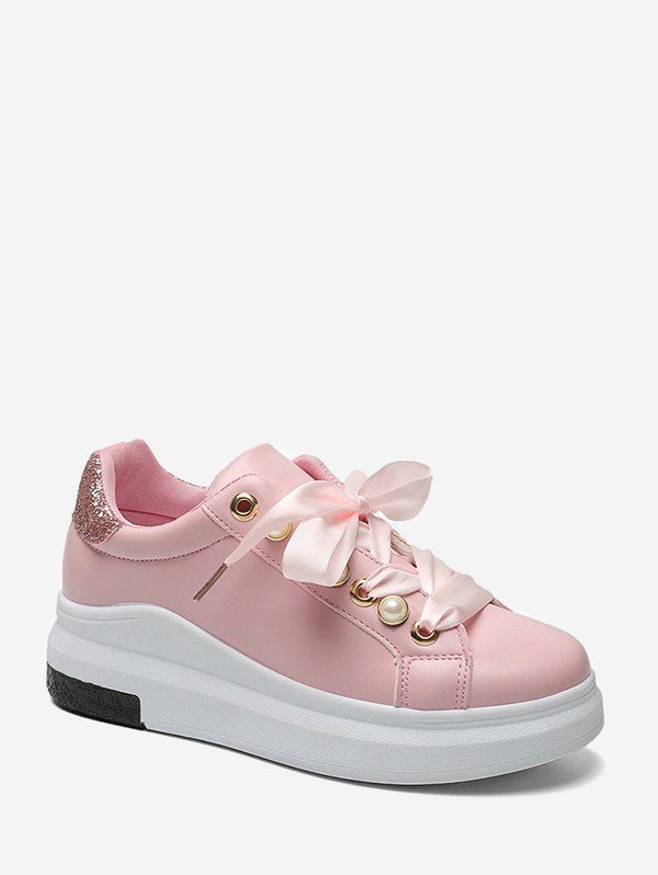 

Faux Pearl Embellished Low Top Platform Sneakers, Pink