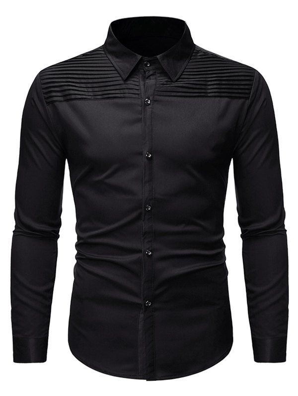 

Pleated Solid Color Long Sleeve Button Shirt, Black
