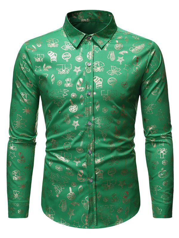

Christmas Pattern Allover Print Long Sleeve Button Shirt, Green