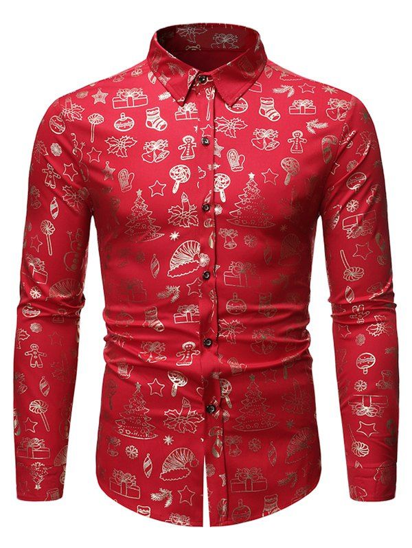 

Christmas Pattern Allover Print Long Sleeve Button Shirt, Red