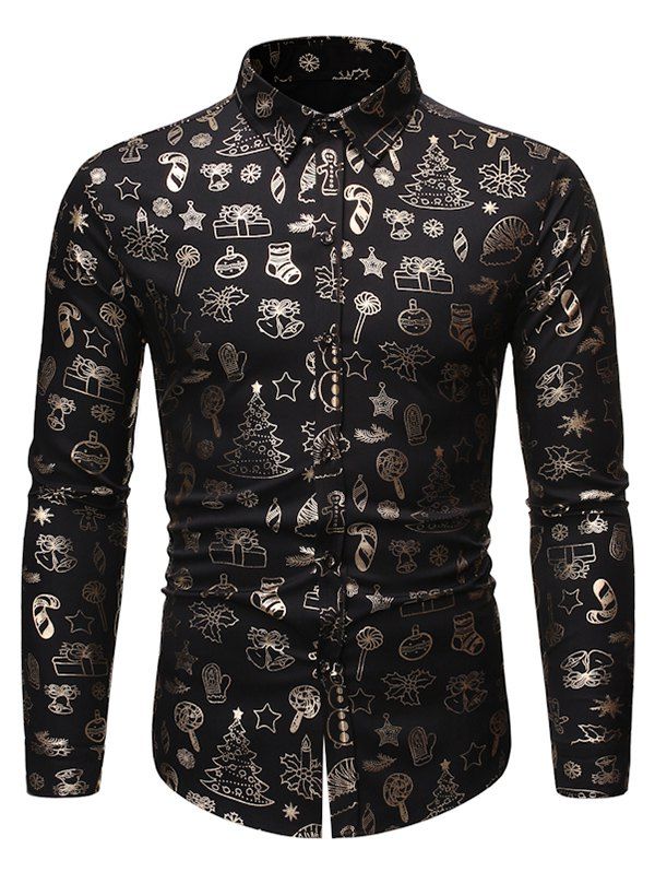 

Christmas Pattern Allover Print Long Sleeve Button Shirt, Black