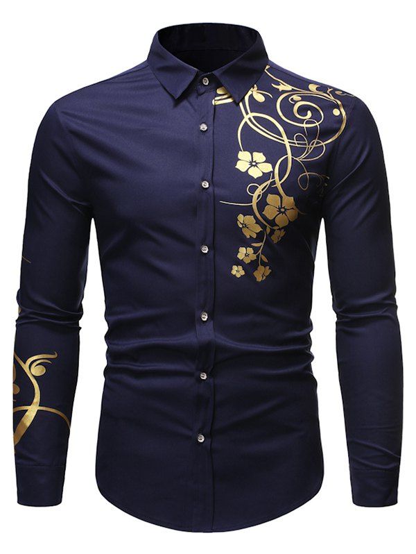 

Floral Print Long Sleeve Slim Fit Button Shirt, Midnight blue