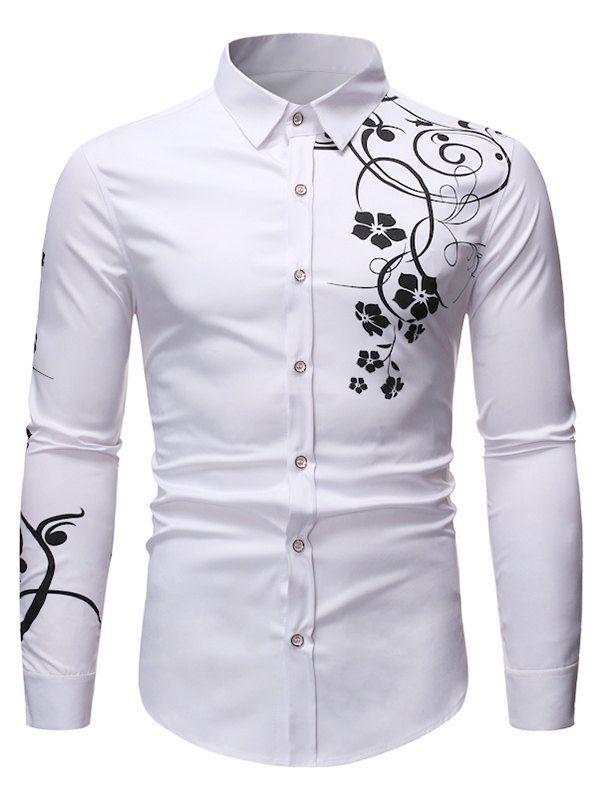 

Floral Print Long Sleeve Slim Fit Button Shirt, White