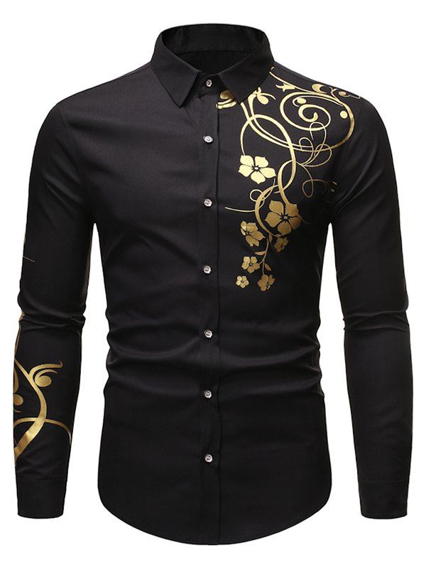 

Floral Print Long Sleeve Slim Fit Button Shirt, Black