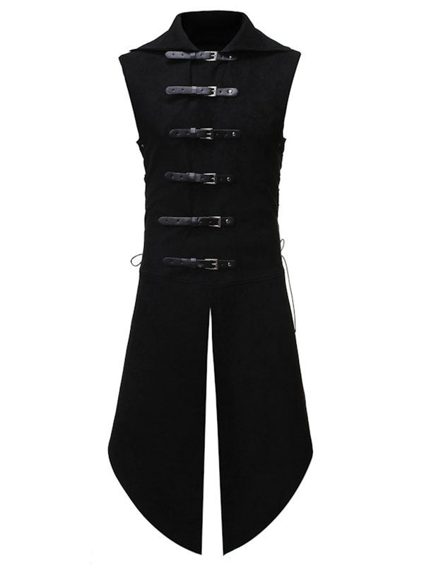 

Lace Up Buckle Slit Vintage Solid Long Vest, Black