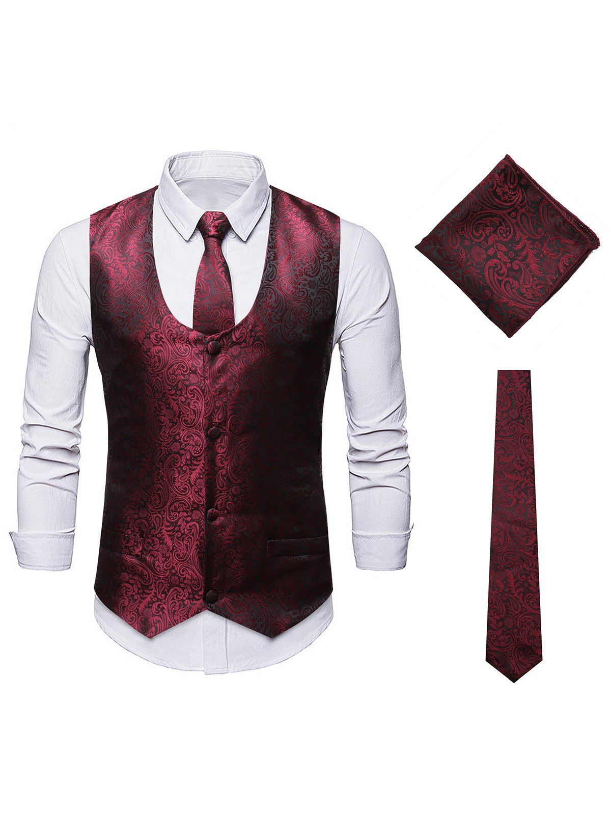 

Paisley Jacquard Blazer Vest Set, Red wine