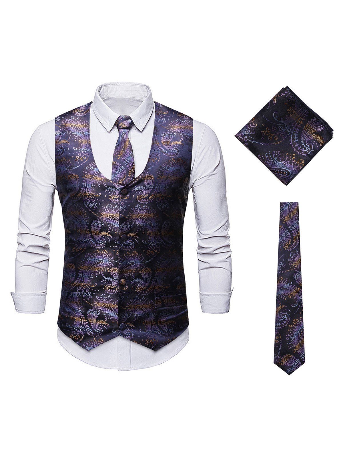 

Paisley Pattern Button Decoration Waistcoat, Purple
