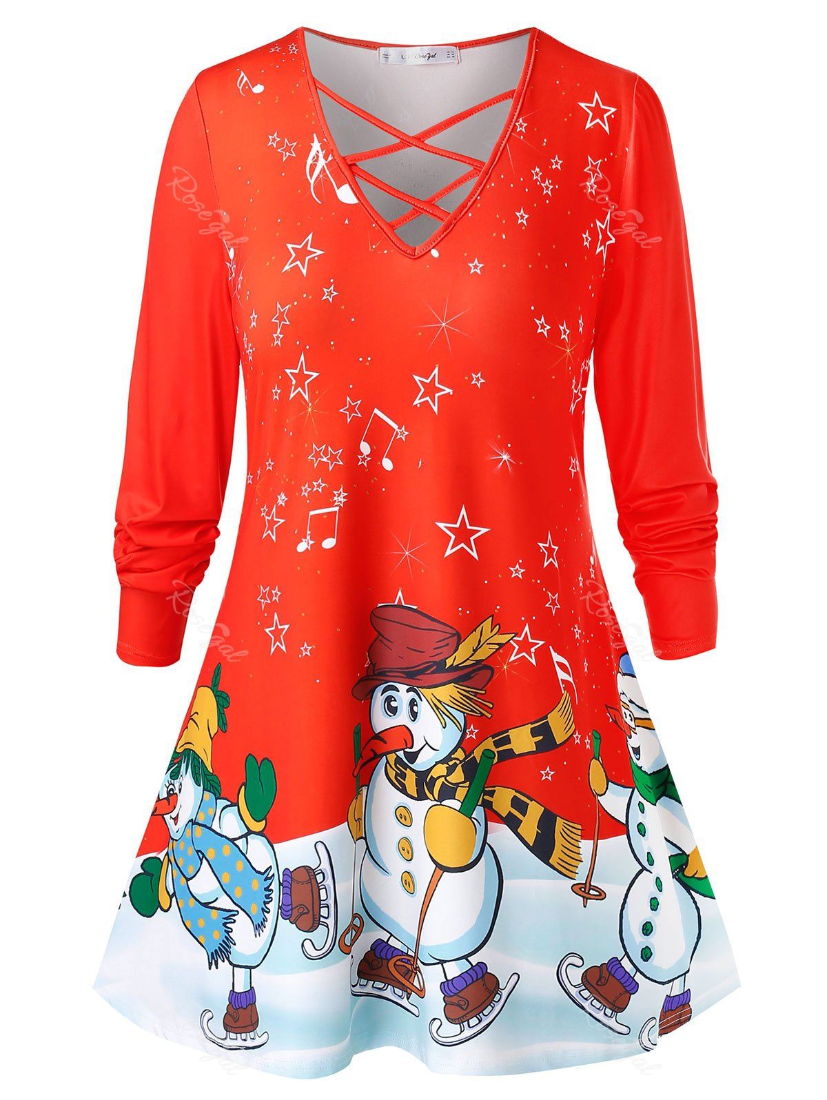 

Plus Size Snowmen Print Criss Cross Christmas T-shirt, Red