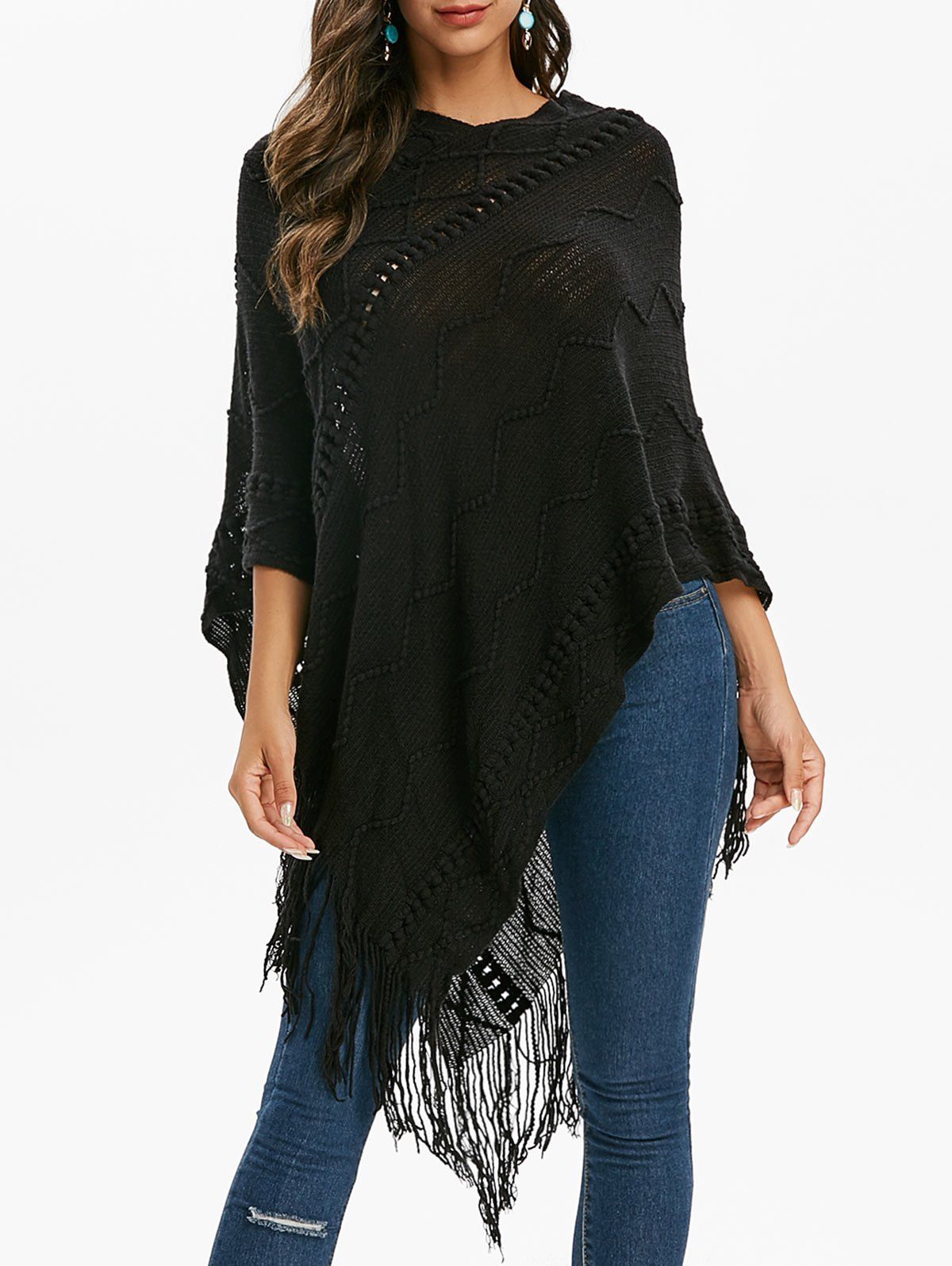 

Fringed Batwing Sleeve Asymmetrical Sweater, Black
