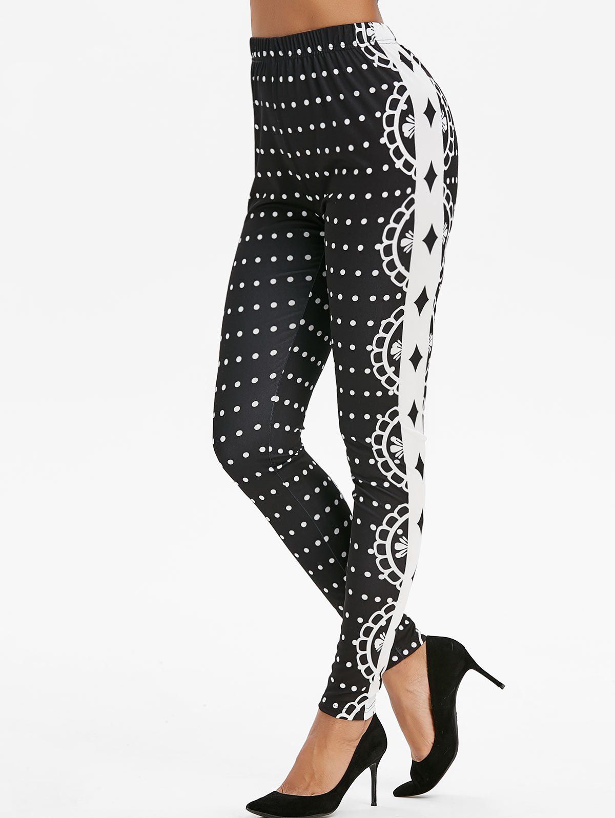 

Polka Dot Print High Waisted Side Tape Skinny Leggings, Black
