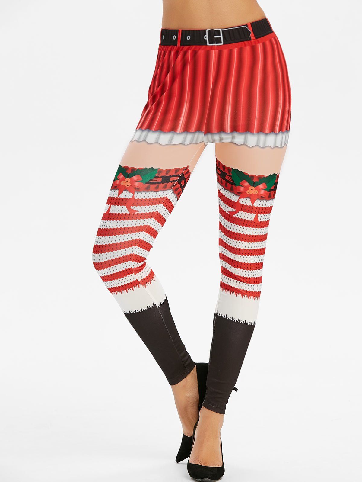 

Christmas Striped Print High Waisted Leggings, Red