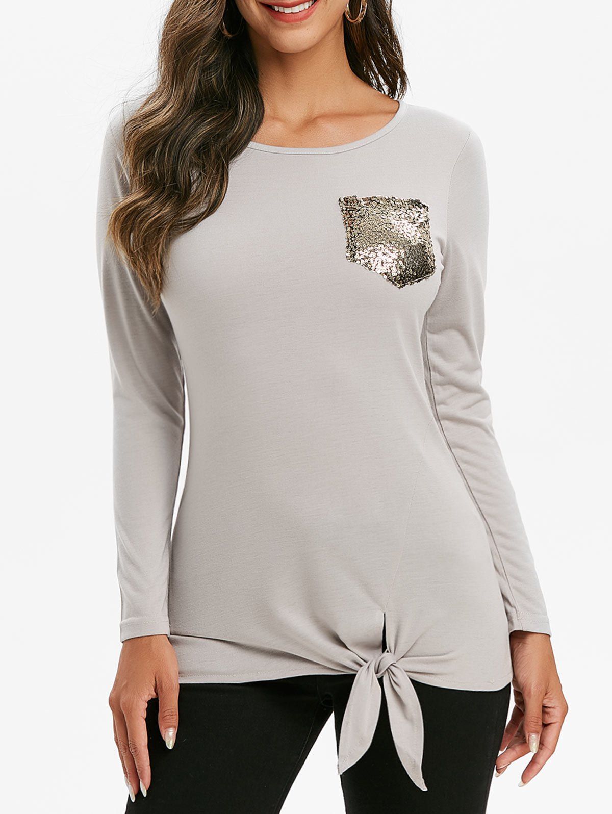 

Tie Hem Sequined Pocket Longline T-shirt, Gray