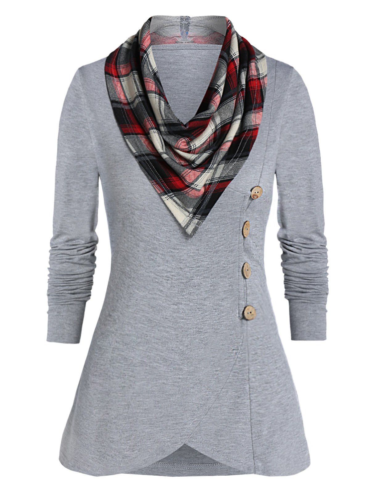 

Long Sleeve Button T Shirt with a Cowl Neck, Dark gray