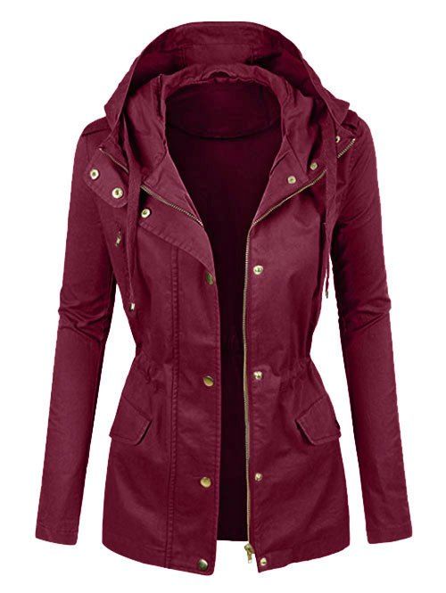 

Plus Size Drawstring Hooded Full Zip Coat, Red wine