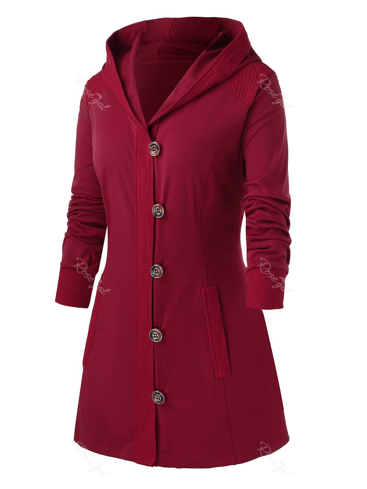 

Plus Size Hooded Single Breasted Coat, Red wine