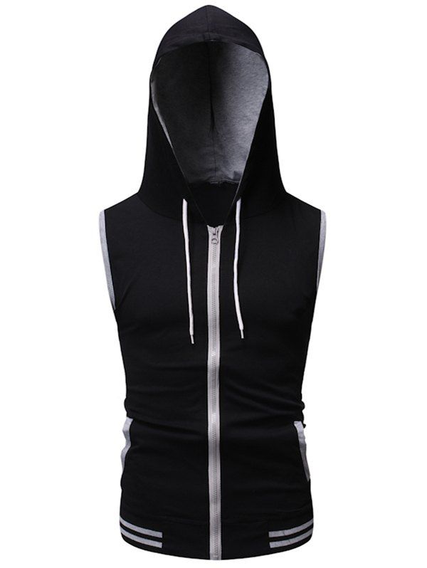 

Contrast Stripes Drawstring Sport Hooded Vest, Black