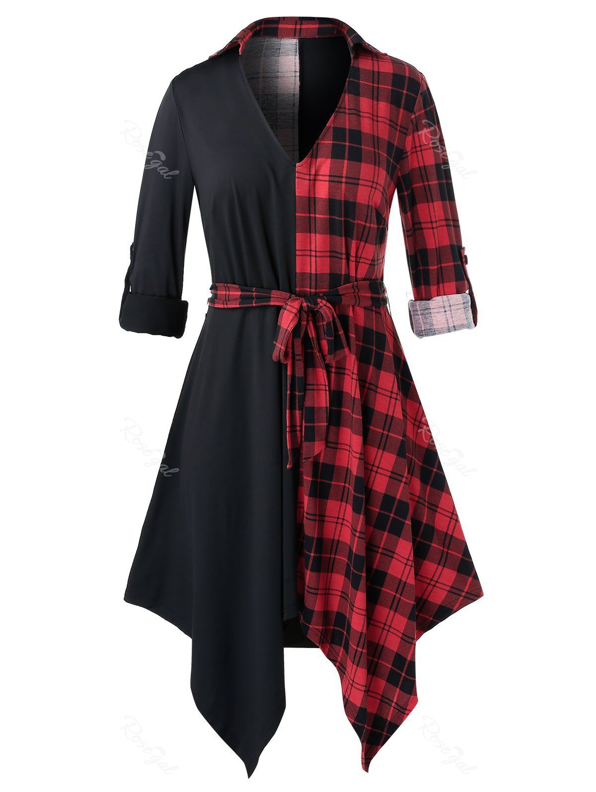 

Plus Size Plaid Handkerchief Belted Roll Tab Sleeve Tunic Blouse, Black