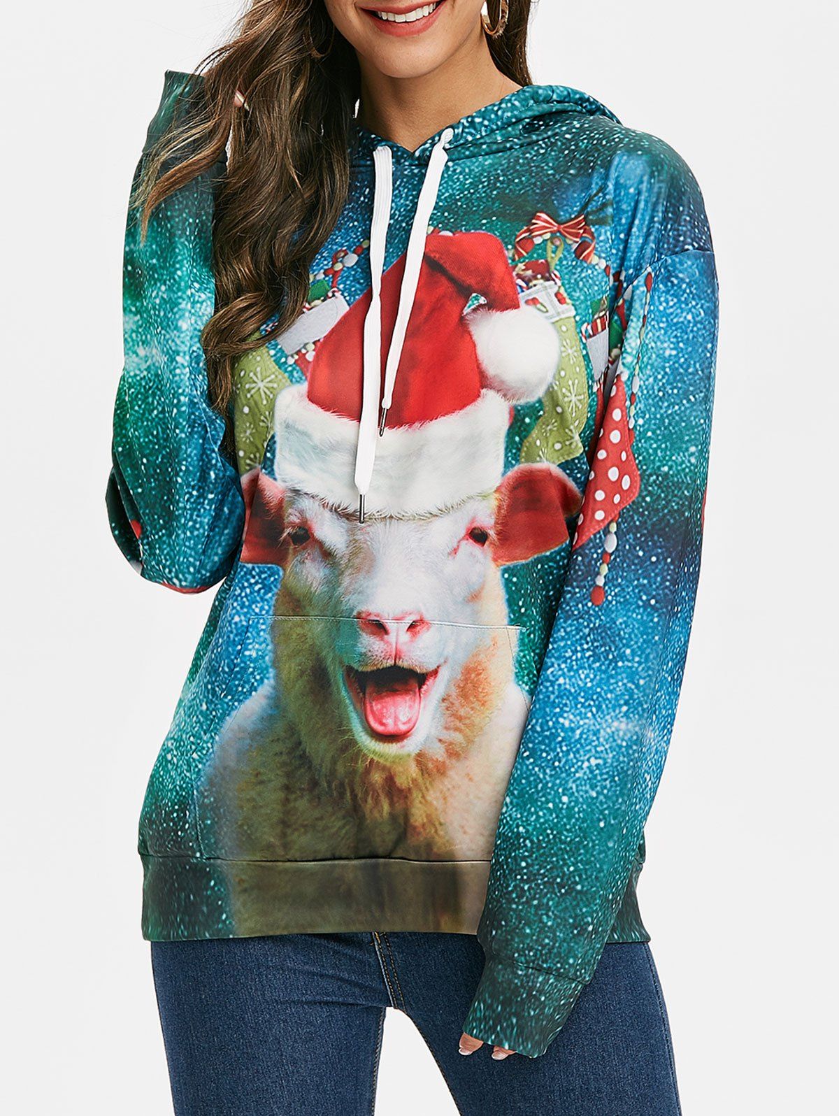 

Christmas Hat Front Pocket Drop Shoulder Hoodie, Multi-a