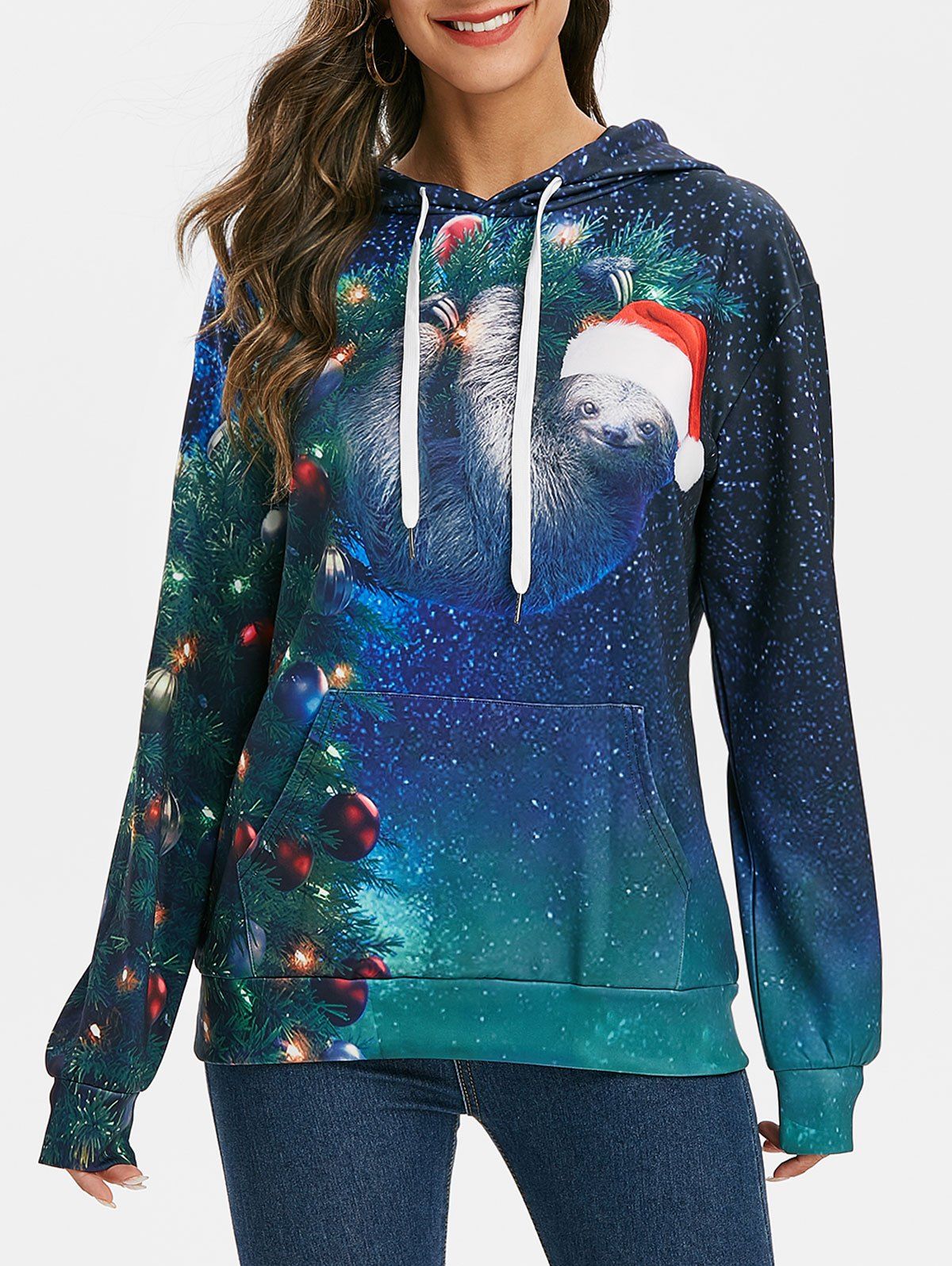 

Christmas Hat Front Pocket Drop Shoulder Hoodie, Multi-b